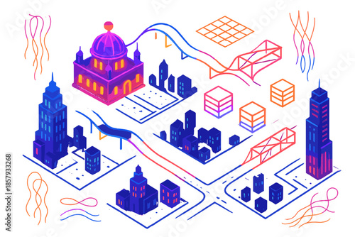 Neon Cityscape Dream. Isometric vector illustration set Invisible City Tapestry: glowing ethereal buildings, neon floating bridges