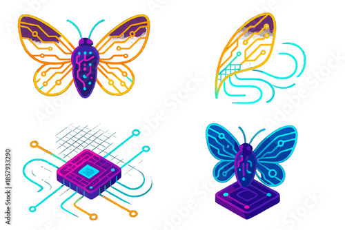 Luminous Circuit Moth. Isometric vector illustration set Moth Wing Circuit: luminous circuit wings, neon microchip nodes, floating
