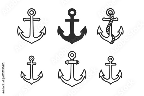Anchor Icons Illustration. Line style icons of Anchor: classic anchor, heavy anchor silhouette, rope-wrapped anchor, ship anchor,