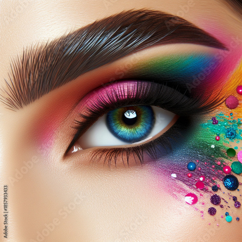 Creative close-up beauty portrait of female eye with colorful artistic makeup