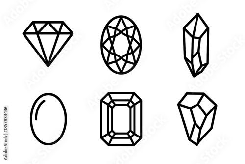 Gemstone Line Icons. Line style icons of Gem: faceted gem, oval gem, crystal shard, polished stone, radiant cut, angular jewel. No