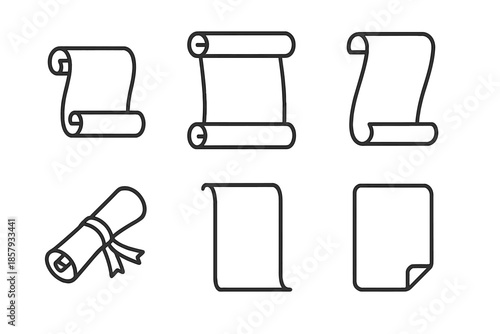 Line Style Scroll Icons. Line style icons of Scroll: rolled scroll, open scroll, curled edges, ribbon tie, long parchment, simple