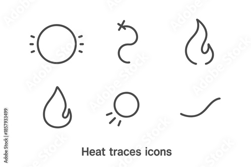Heat Trace Icons. Line style icons of Heat Traces: warm glow mark, tiny spark curl, subtle flame line, soft burn shape, heated