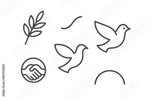 Peace Line Icons. Line style icons of Peace: olive branch symbol, soft curve mark, gentle dove hint, minimal unity shape, calm arc