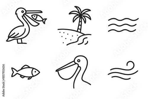 Pelican and Fish Icons. Line style icons of Pelican Beach Fish: pelican catch, sandy shore, gentle waves, small fish, beak pouch,