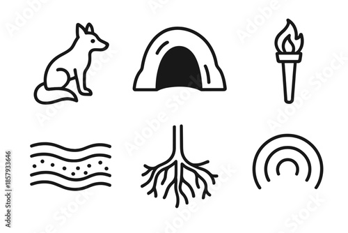 Woodland Den Icons. Line style icons of Woodland Den Torch: creature outline, den opening, earthy layers, simple torch, branch