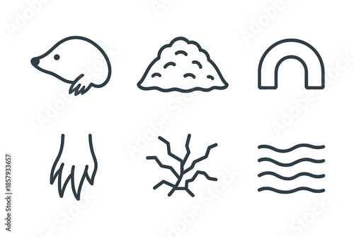 Mole Hill Icons. Line style icons of Mole Hill Vision: mole silhouette, raised soil mound, tunnel curve, tiny claws, surface
