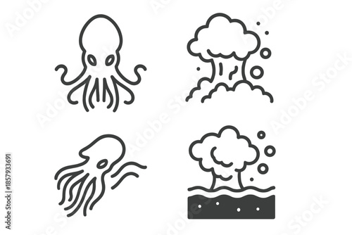 Abyssal Ink Icons. Line style icons of Abyssal Ink Release: cephalopod shape, expanding haze, cloud texture, flowing tentacles,