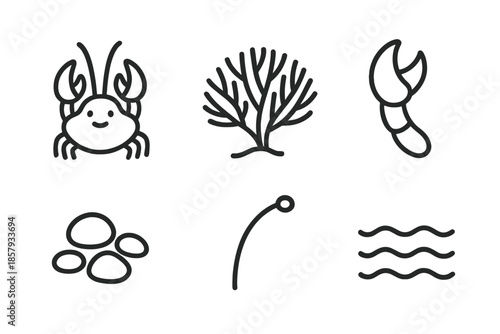 Coral Claw Creature Icons. Line style icons of Coral Claw Creature: marine figure, coral fan, raised pincer, pebble patch, antenna
