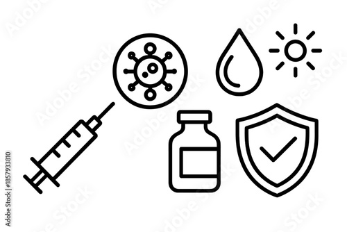 Medical Icons Set. Line style icons of Cure Injection Scene: slim syringe, pathogen circle, remedy droplet, bottle base, shield