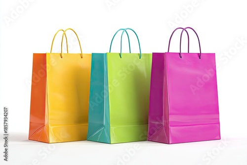 Three colorful shopping bags with handles stand side-by-side against a white backdrop