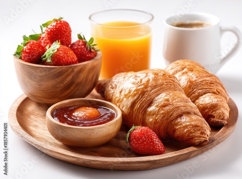 Delicious breakfast display strawberries, croissants, juice, jam, & coffee. Wooden tray on white