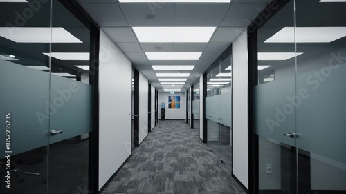 Office Corridor Featuring Frosted Glass Doors and Gray Carpet