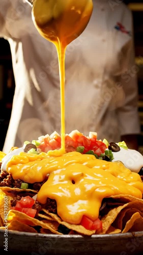 Chef pouring cheese sauce over delicious nachos with various toppings for a meal.