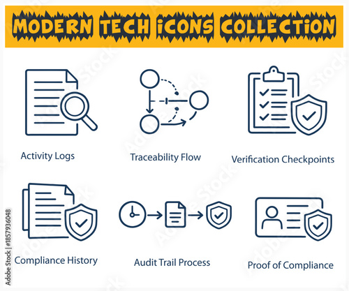 Collection of modern tech icons depicting data analysis and security processes