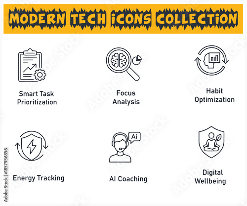 Modern tech icons representing task management focus and digital wellness concepts