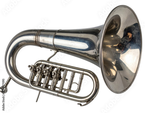 Gleaming, silver-toned brass instrument with valves and a flared bell, isolated on black
