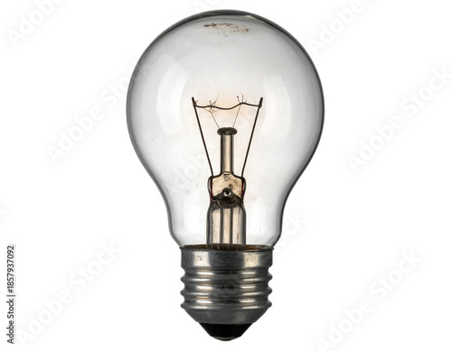 A clear, classic incandescent lightbulb isolated against a black background, with visible filament