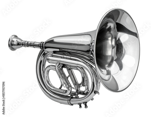 Gleaming silver brass instrument, a sousaphone's close cousin, isolated on black