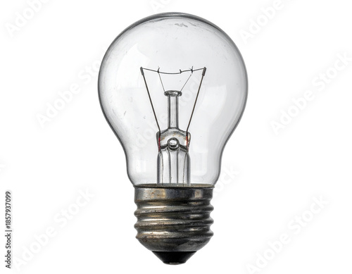 A clear, classic light bulb with metallic base, filament, and transparent glass