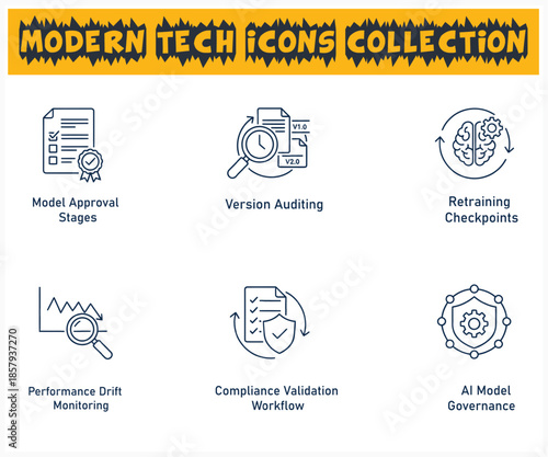Modern tech icons collection showcasing model approval auditing and ai governance