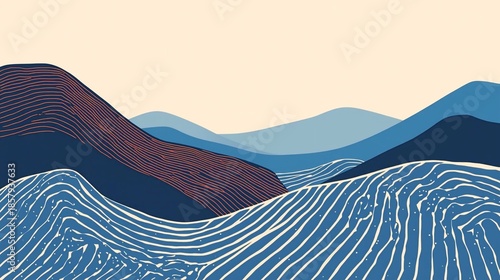 Abstract Landscape with Blue Mountains and Stylized Ocean Waves in Japanese Minimalist Style