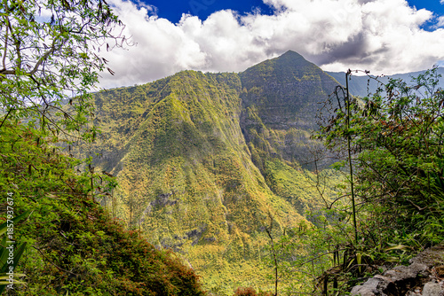 Mafate Circus Galets river and mountains in Reunion Island in Indian Ocean