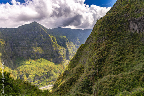 Mafate Circus Galets river and mountains in Reunion Island in Indian Ocean