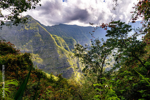 Mafate Circus Galets river and mountains in Reunion Island in Indian Ocean