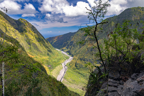 Mafate Circus Galets river and mountains in Reunion Island in Indian Ocean