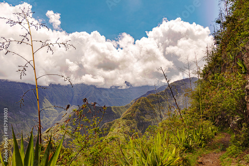 Mafate Circus Galets river and mountains in Reunion Island in Indian Ocean