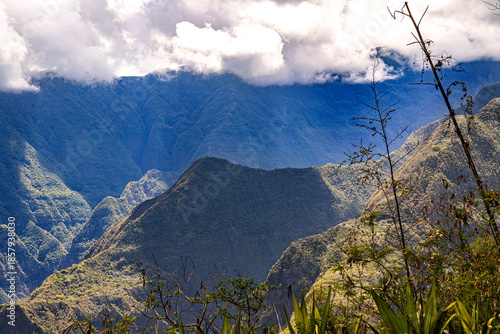 Mafate Circus Galets river and mountains in Reunion Island in Indian Ocean