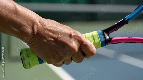 Hand Gripping Tennis Racket on Court, Close Up