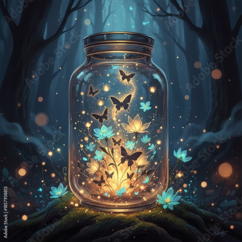 Magical Glass Jar Filled With Glowing Butterflies and Luminous Flowers in a Dark Enchanted Forest at Night With Soft Bokeh Lights
