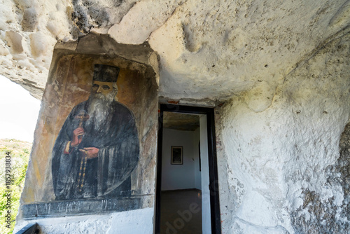 Wall Fresco of Orthodox Monk at Cave Entrance