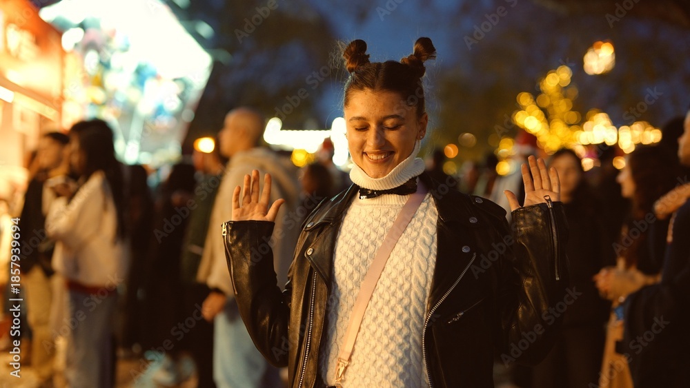 Obraz premium Youthful woman smiles amid vibrant market atmosphere at night