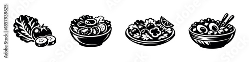 Salad vector icons set. bowls, vegetables, healthy food symbols