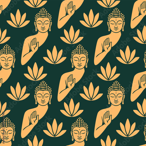 Gold Buddha and lotus seamless vector pattern on dark green background