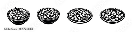 Fruit bowls vector icons set. food, salad, berry illustrations