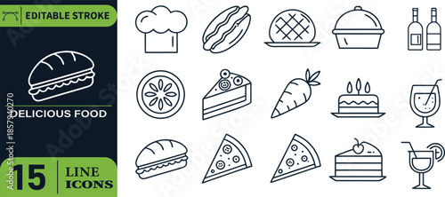 Collection of fifteen line icons depicting various food and beverage items