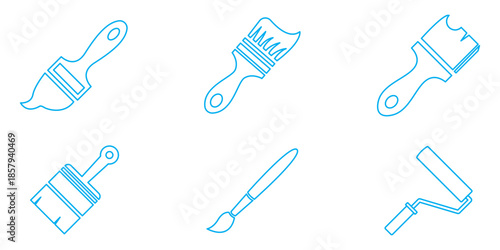 Vector Set of Solid Black Art and Painting Tool Icons, Featuring Paint Brush, Roller, and Artist's Palette for Creative, Design, and Home Improvement Themes.