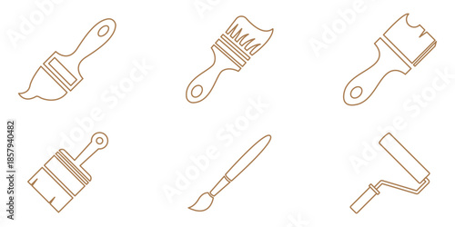 Vector Set of Solid Black Art and Painting Tool Icons, Featuring Paint Brush, Roller, and Artist's Palette for Creative, Design, and Home Improvement Themes.