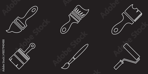 Vector Set of Solid Black Art and Painting Tool Icons, Featuring Paint Brush, Roller, and Artist's Palette for Creative, Design, and Home Improvement Themes.