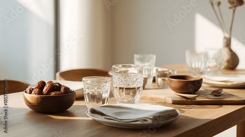 Wallpaper Mural Minimalist iftar table with dates, water, and simple food arranged on a clean dining table. Calm evening light creates a modern Ramadan lifestyle atmosphere. Torontodigital.ca