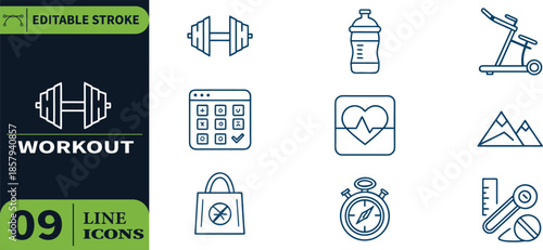 Fitness and exercise icons dumbbells treadmill heart rate and workout equipment