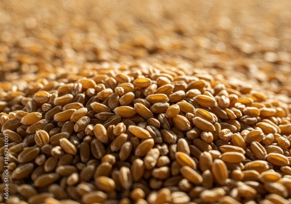 Obraz premium Abundant pile of shiny, freshly harvested wheat kernels under brilliant sunlight, symbolizing agricultural prosperity and nutrition, pile, shiny, sunlit