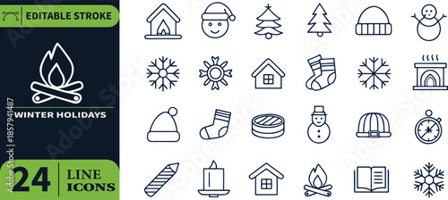 Winter holiday icons set fireplace snowman gifts and seasonal decorations