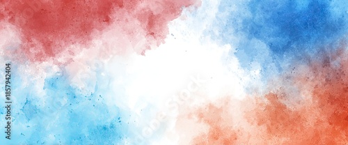 Watercolor splashes of blue and red on white