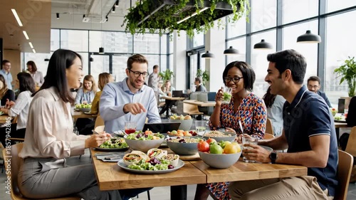 People enjoying a meal together at a modern restaurant during lunch break.