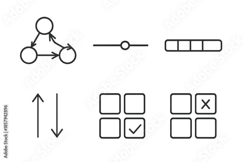 Suggestion Flow Icons. Line vector icons of personalized suggestion flow: weighted nodes, directed links, preference slider, score